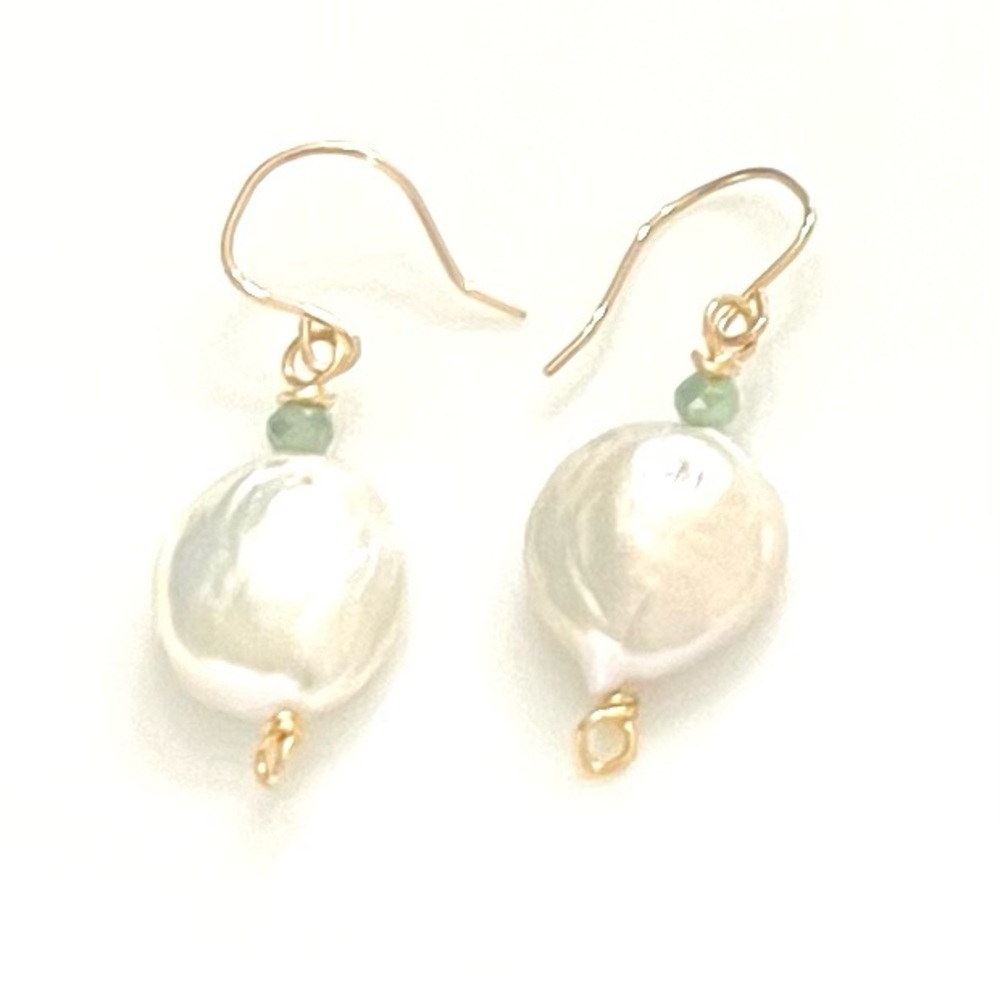 White‎ Coin Pearls with green crystal Aventurine-14K Yellow Gold Filled Earrings